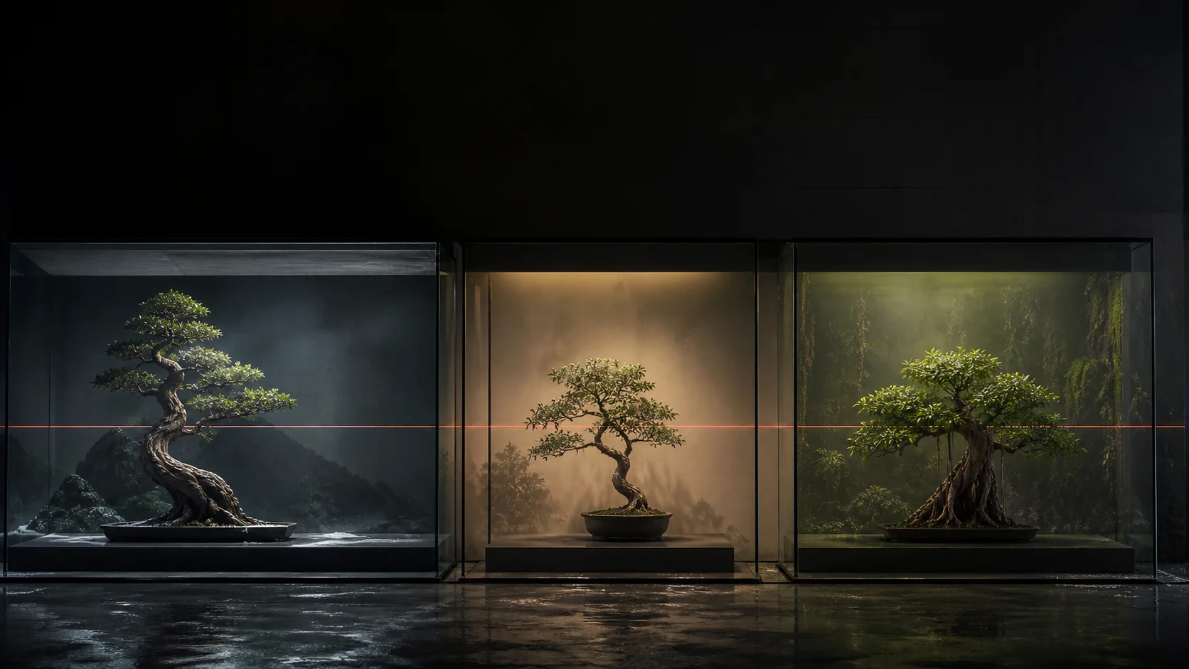 Drei Bonsai in unterschiedlichen Klimakammern
