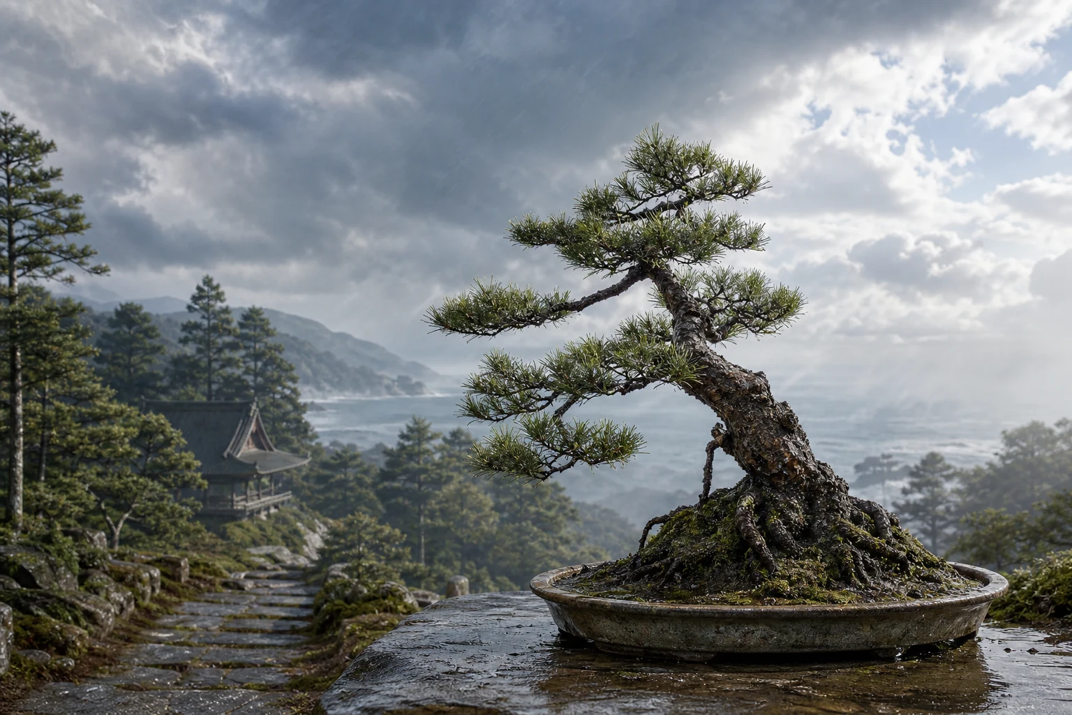 Fotorealistische Kiefer im regennassen Berggarten der Kamakura-Zeit
