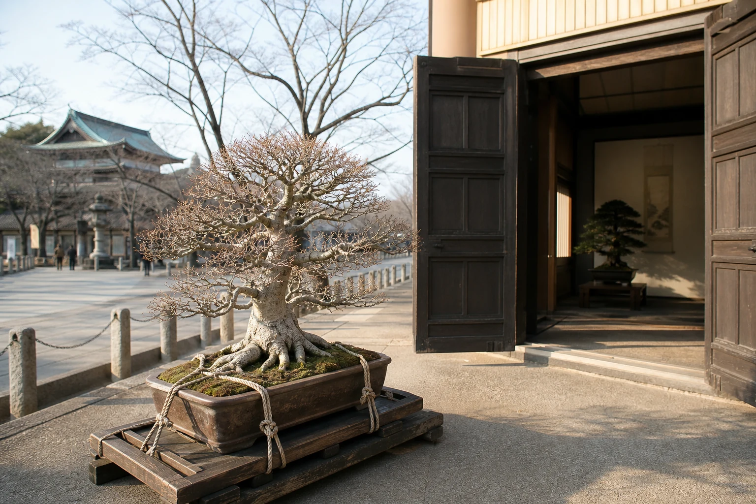 Fotorealistische Buche vor dem Ausstellungsgebäude der ersten Kokufū-ten
