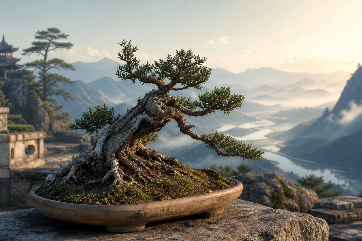 Fotorealistischer Wacholder-Penjing auf einer Bergterrasse der Tang-Zeit