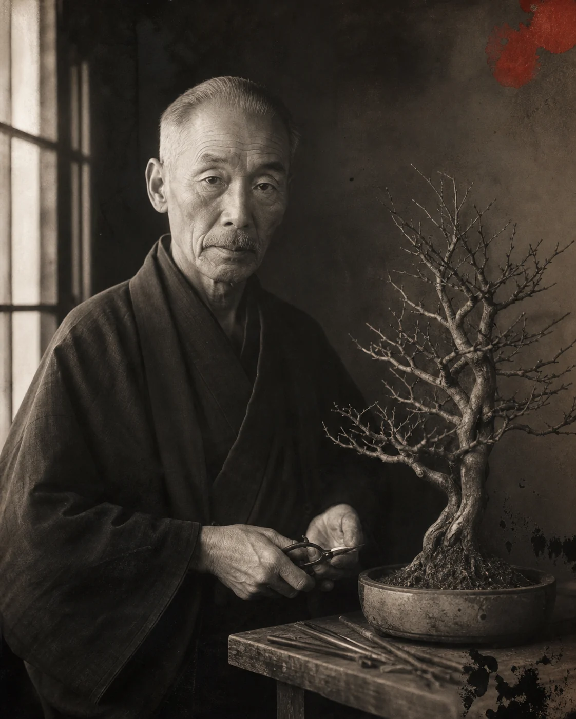 Künstlerische Interpretation eines historischen Bonsai-Meisters